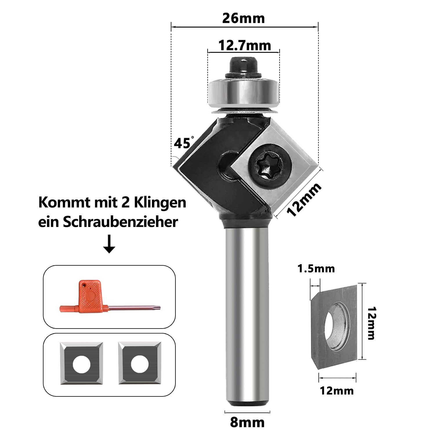 Fresa de biselado de 8 mm, hoja de metal duro intercambiable de 4 lados, fresadora de biselado para fresadora superior con rodamientos, fresa de madera de 45 grados para mecanizado de cantos