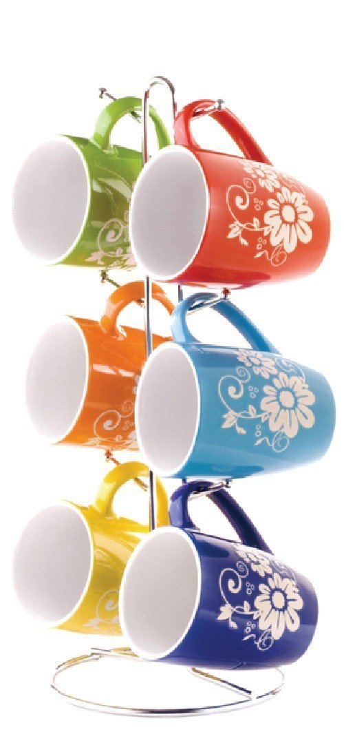 Home Basics 6 Piece 11 Ounce Floral Ceramic Mug Set with Display Stand, Multi color