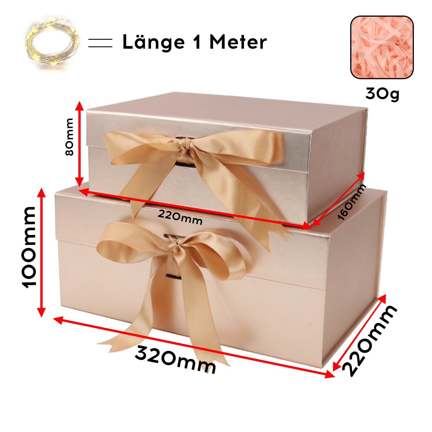 Confezione regalo con coperchio, scatola regalo pieghevole con magnetico, con 3 modalità di illuminazione a LED, 3 buste e biglietti di auguri, fiocco, sacchetto regalo, materiale di riempimento