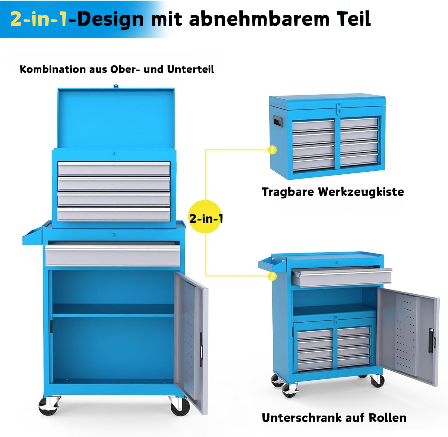 LEADZM Werkstattwagen leer, Werkzeugwagen leer, Werkzeugschrank mit Schloss, Koffer & 5 Fächer & verstellbarem Regal, Kugelgelagerte Schubladen, Metall, 52x28x102cm（Blau）