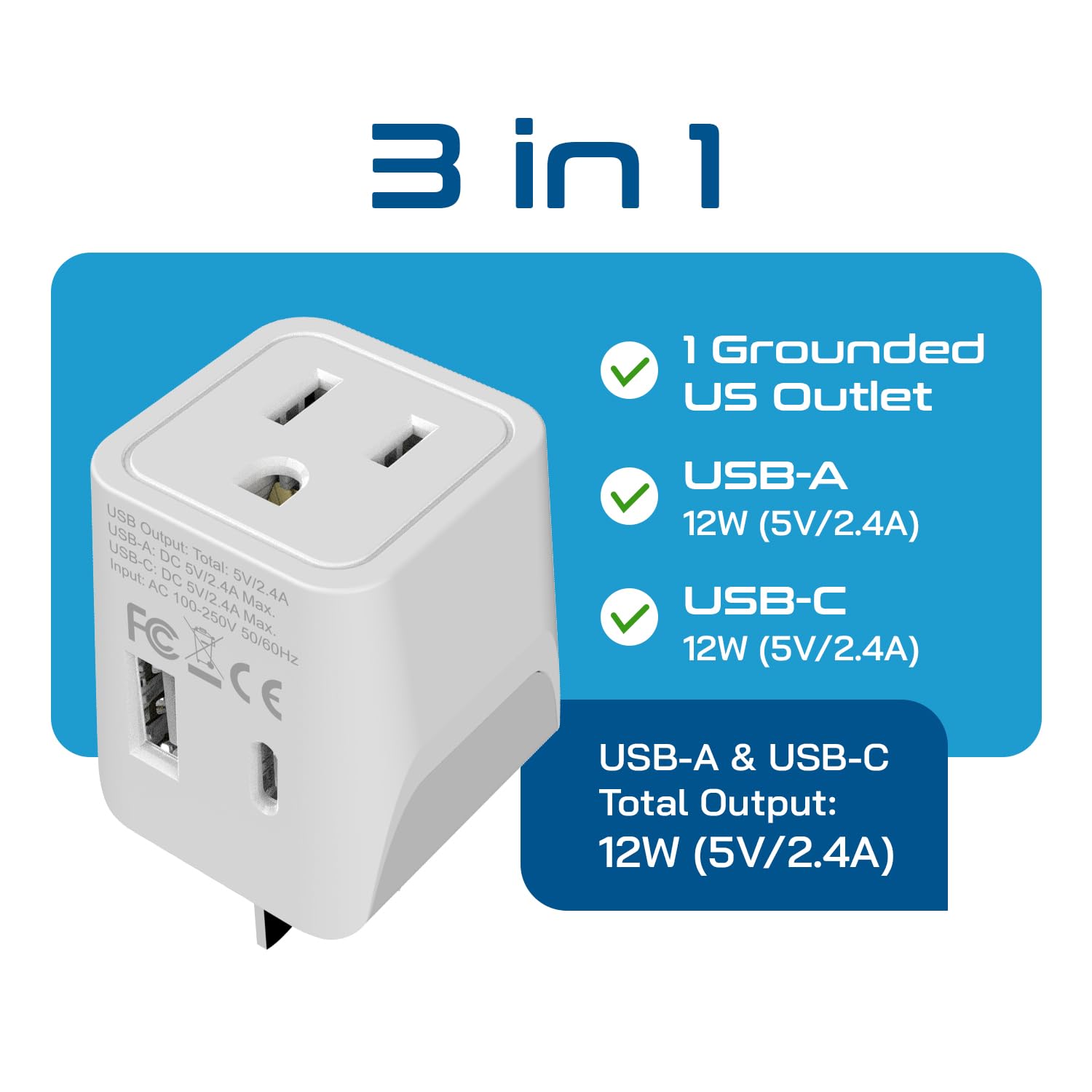Ceptics USA au Japon, Philippines Adaptateur de Voyage Prise avec Double USB – Type A – Ultra Compact