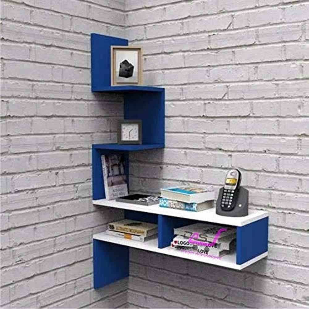 Dime Arts Shoppee Big Zigzag Corner Wall Mount Shelf Unit Racks and Shelves for Living Room (Blue & White)-image-26