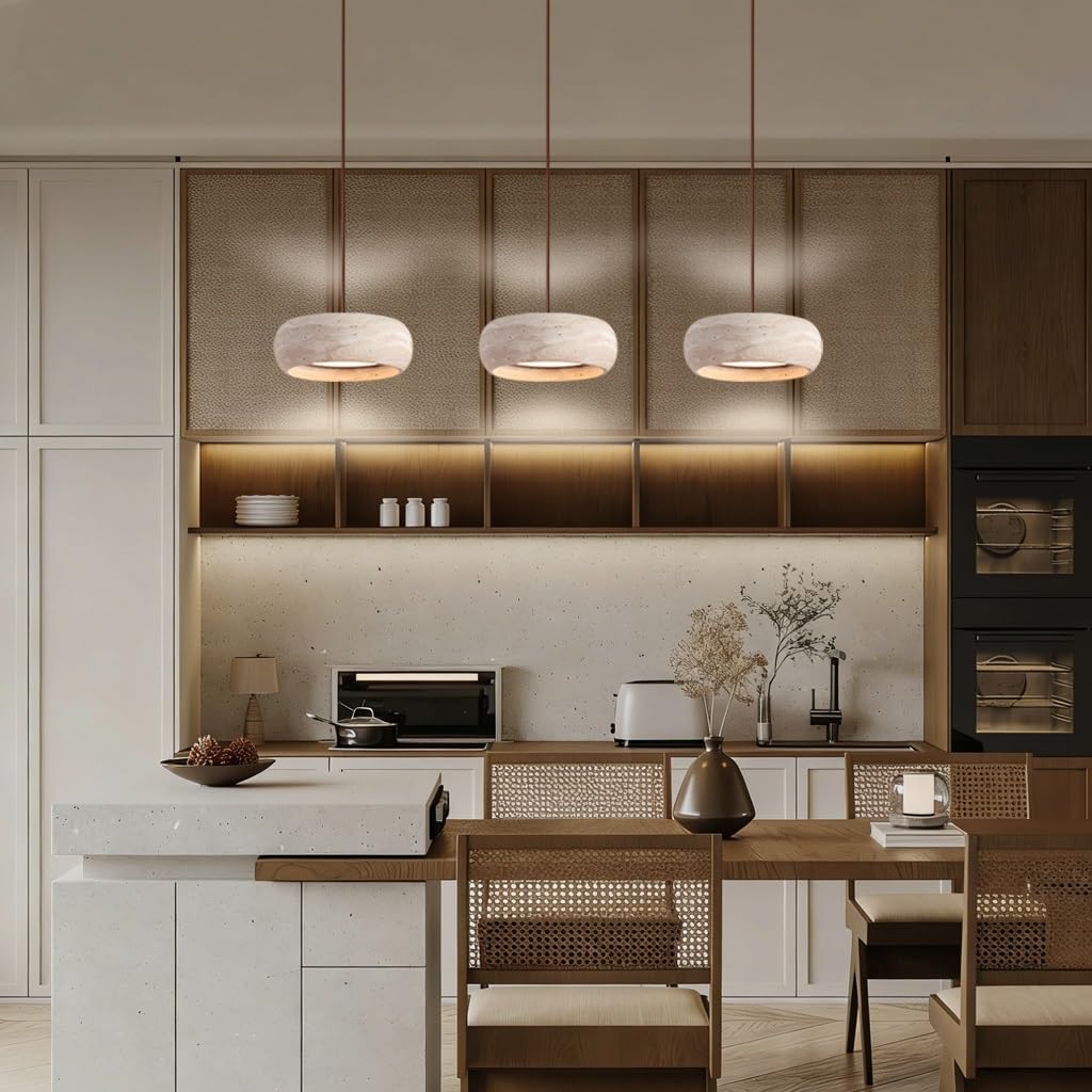 LED-Pendelleuchte Aus Holz Nordische Hängeleuchte Aus Gelbem Kalkstein Kreative Trommelförmige Kronleuchter Aus Naturstein Wabi-Sabi-Stil Geeignet Für Esszimmern Kücheninseln Wohnzimmern(A1)