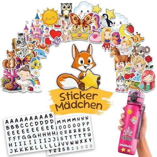 Funkelfuchs Sticker Set Mädchen - Spülmaschinengeeignet - Personalisierung Buchstaben - Klebeetiketten Kinder, Namenssticker - Sticker Namen personalisiert - Aufkleber Namen - Namenssticker
