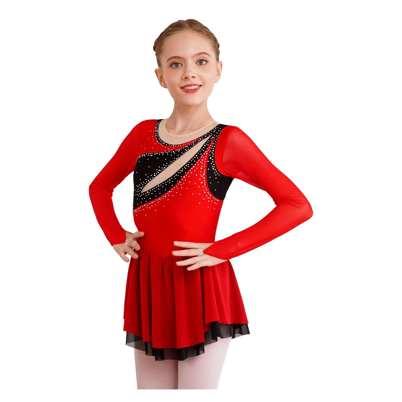 Vestidos de Patinaje artístico Brillantes con Diamantes imitación for niñas, Vestido Leotardo Baile Ballet Bloques Color, Ropa Manga Larga Malla Transparente
