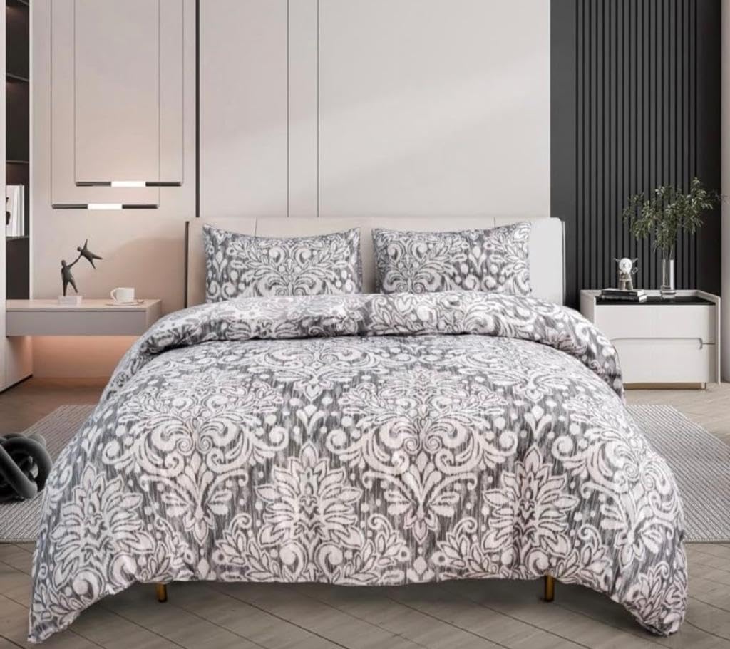 Duvet Cover Set 3 Piece Quilt Cover Bedding Set With Pillow Cases Single,Double,King & Super King Size (Royal Damask Grey, Super King) — image 1