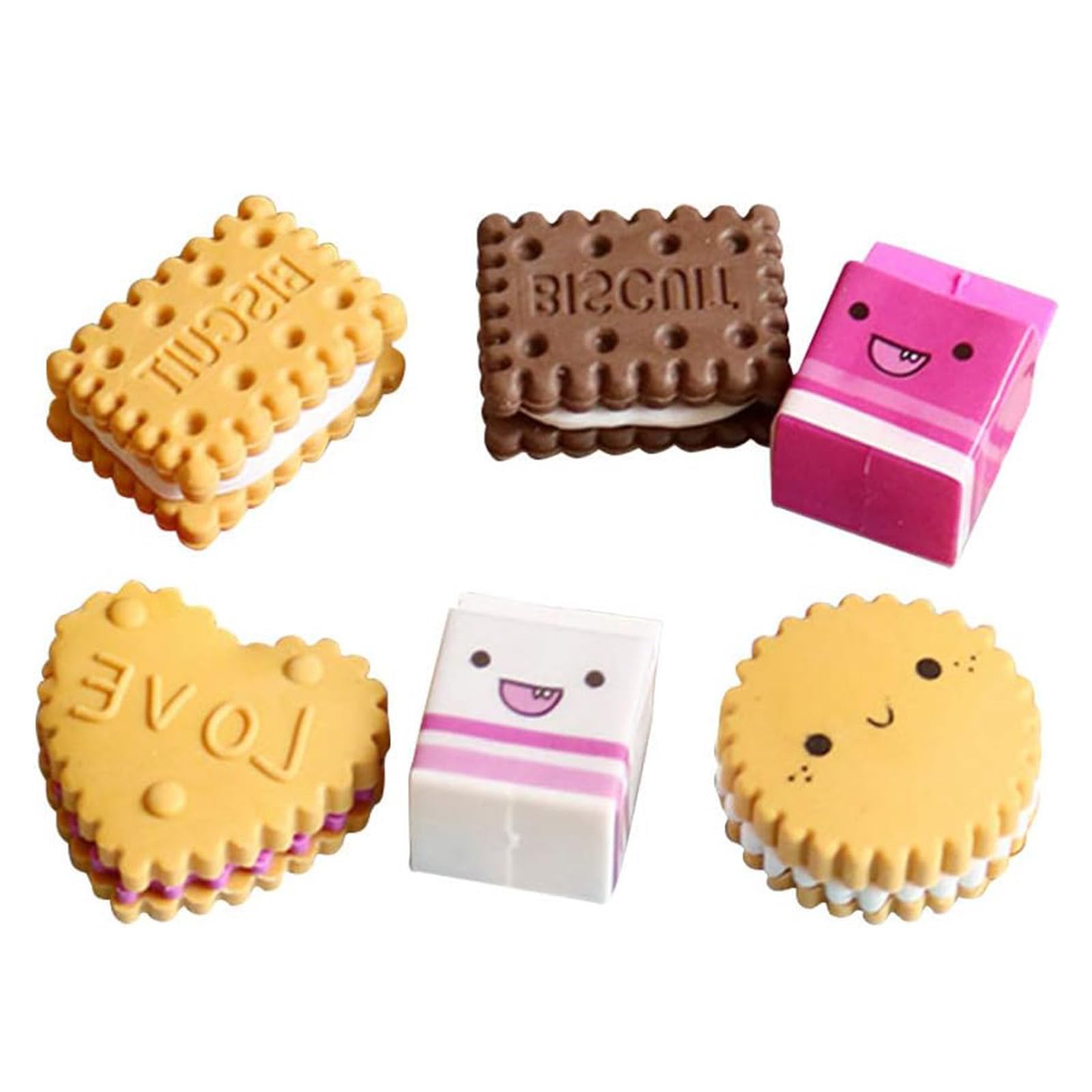 6pcs Box-Packed Eraser Set Cute Kawaii Milk Cookies Biscuit Erasers Coloured Pencil Erasers for Precise Erasing School Stationery Supplies Creative Gift for Kids Children Students