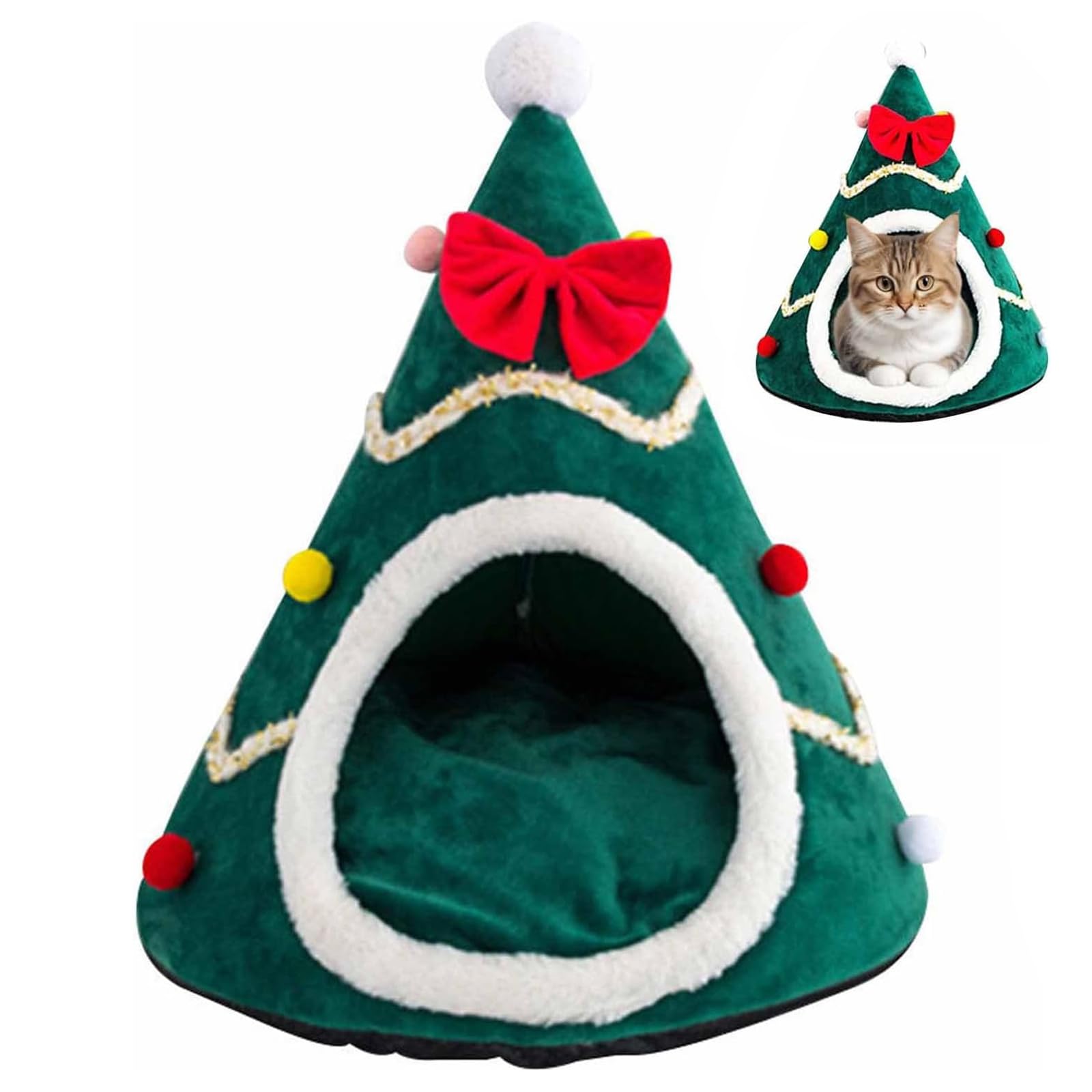 Christmas Bauble Pet Beds - Tree Cat Beds & Houses, Indoor Sleeping Caves (Green, S)