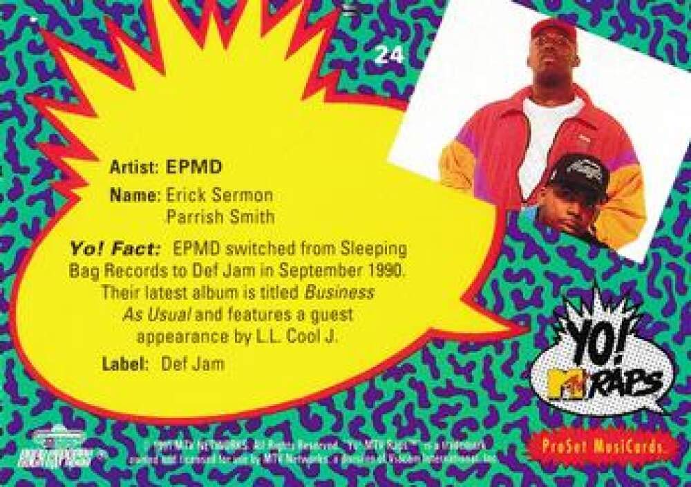 1991 Pro Set Yo MTV Raps NonSport #24 EPMD Official Music Standard Sized  Trading Card at Amazon's Entertainment Collectibles Store