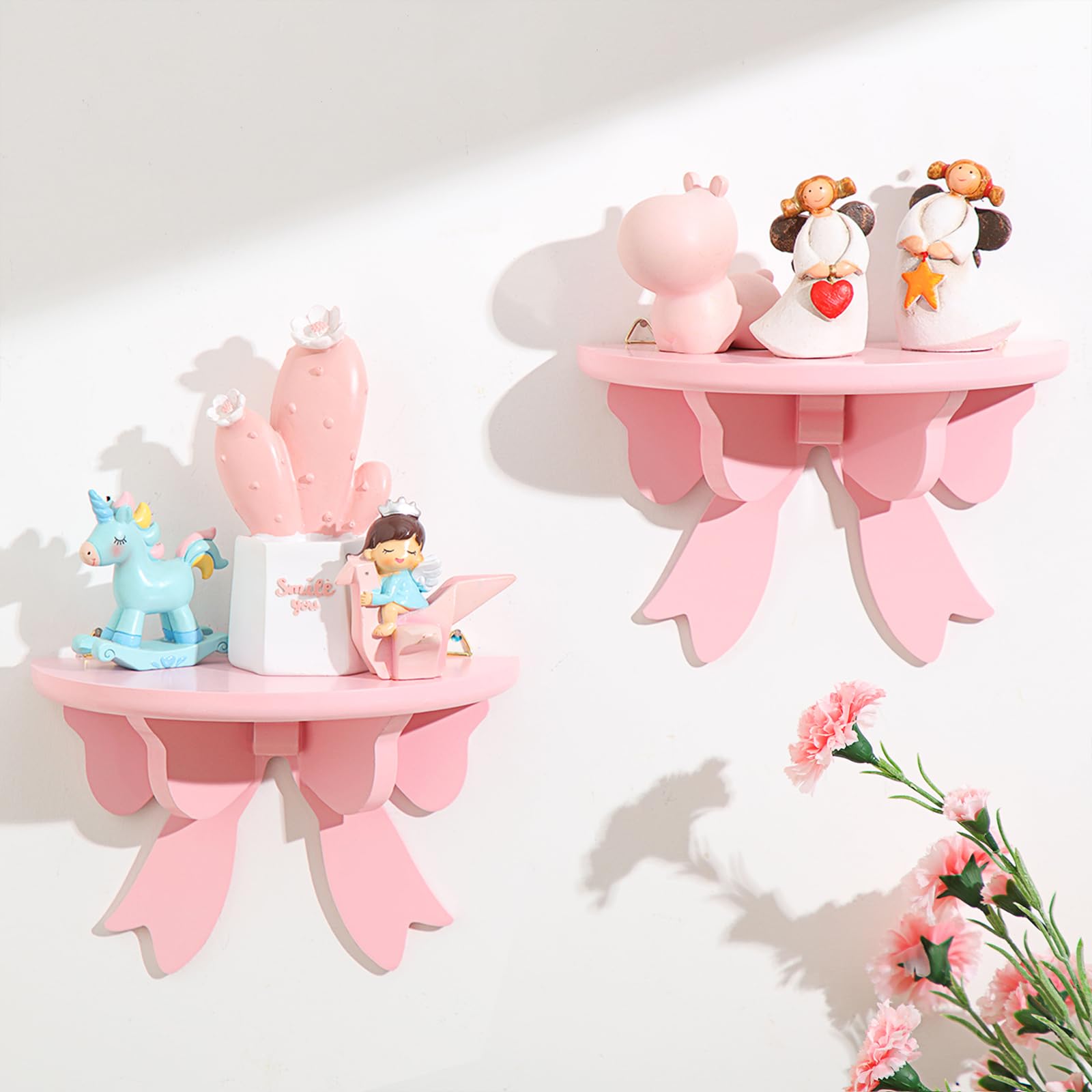 Pinkunn 2 Pcs Bow Floating Shelves Kawaii Shelf Book Stand Farmhouse Rustic Corner Wall Shelf Wooden Bow Tie Rack Princess Room Decor for Nursery Home
