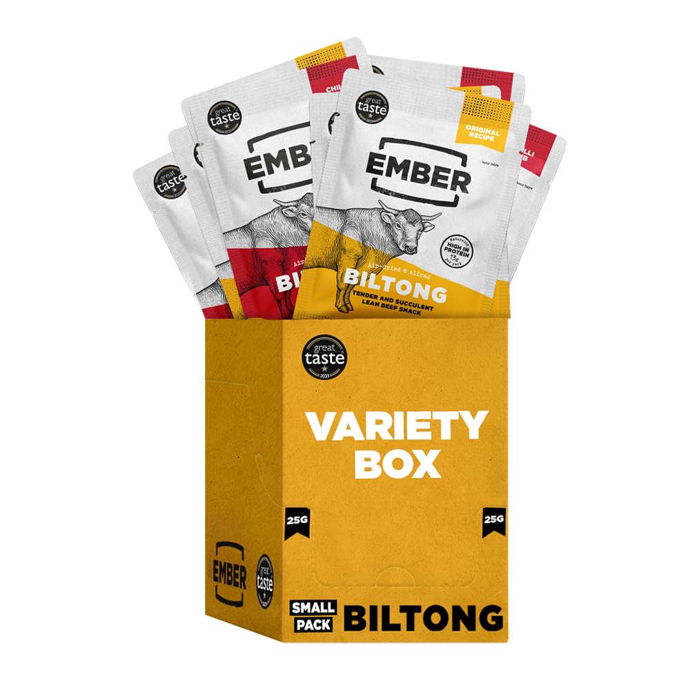 Beef Biltong - High Protein Meat Jerky Snack - Ready to Eat, Low Fat, No Added Sugar, Keto, No Artificial Flavours - Box of 10 x 25g Packs (Original & Chilli) from a Family-Run UK Business