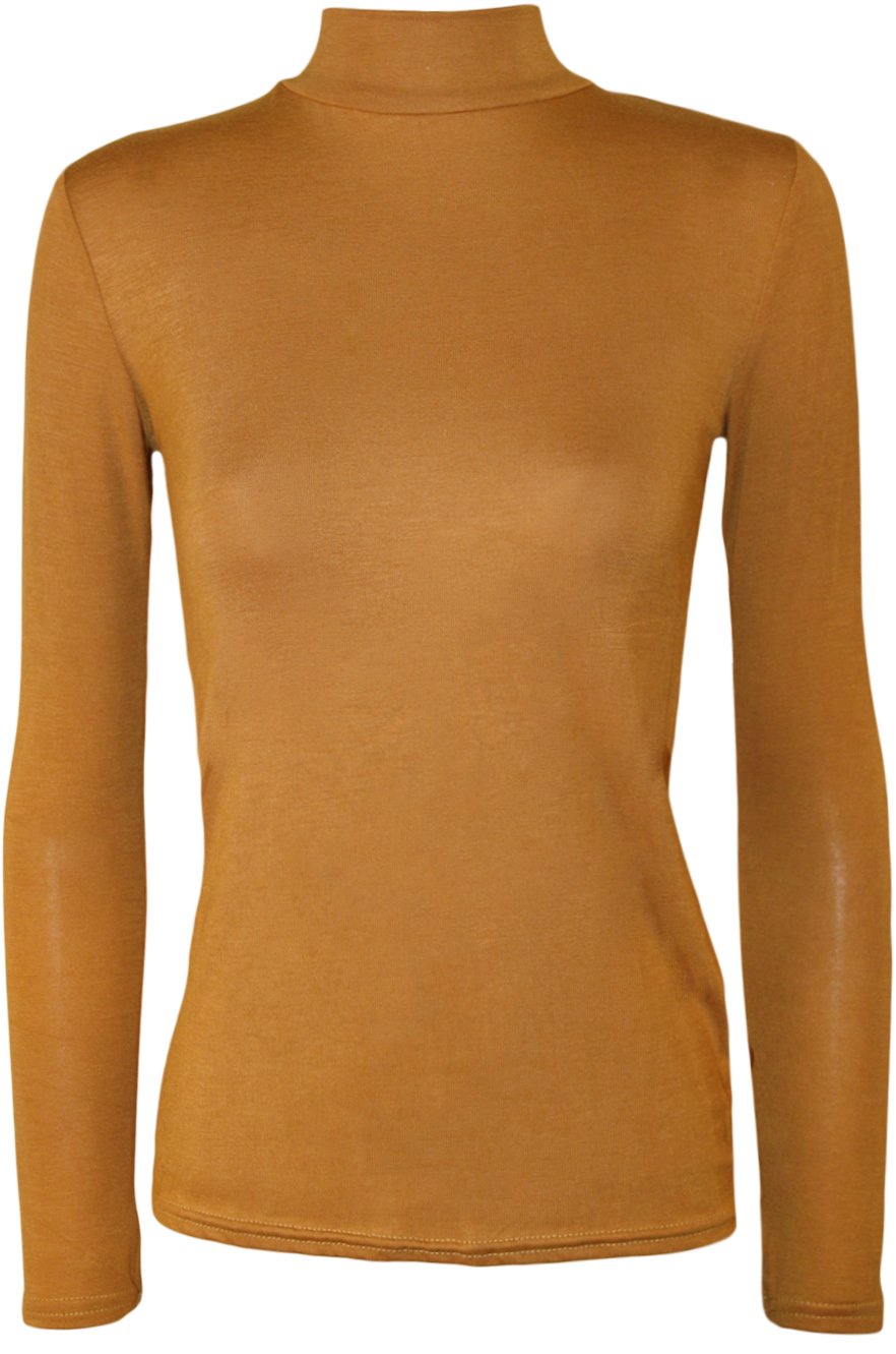 Wearall Women's Mustard Plain Turtle Neck Long Sleeve Thin Jersey Stretch Top - 12-14
