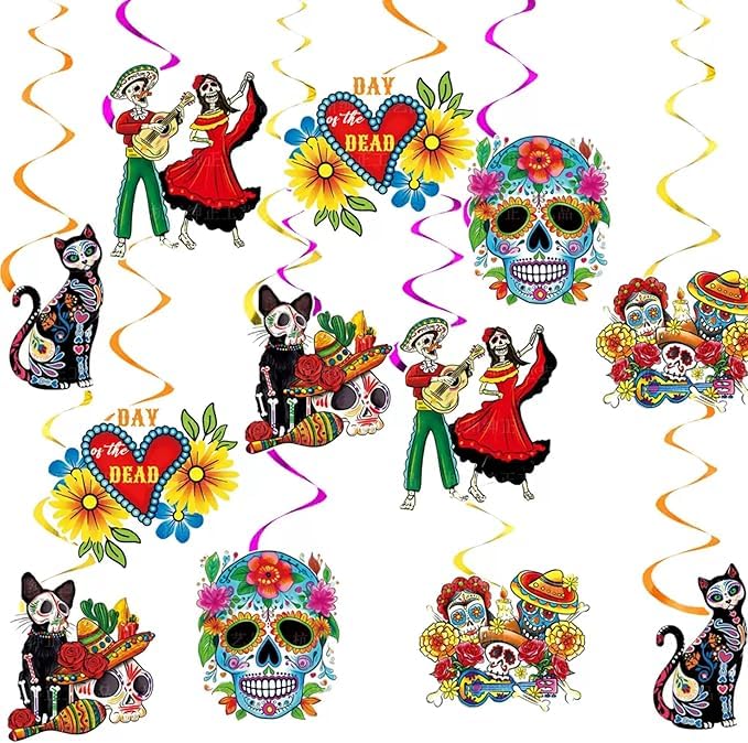 Halloween Day of The Dead Party Decoration Set - Colourful Swirls & Sugar Skulls Bunting - El Día de los Muertos Hanging & Ceiling Decorations