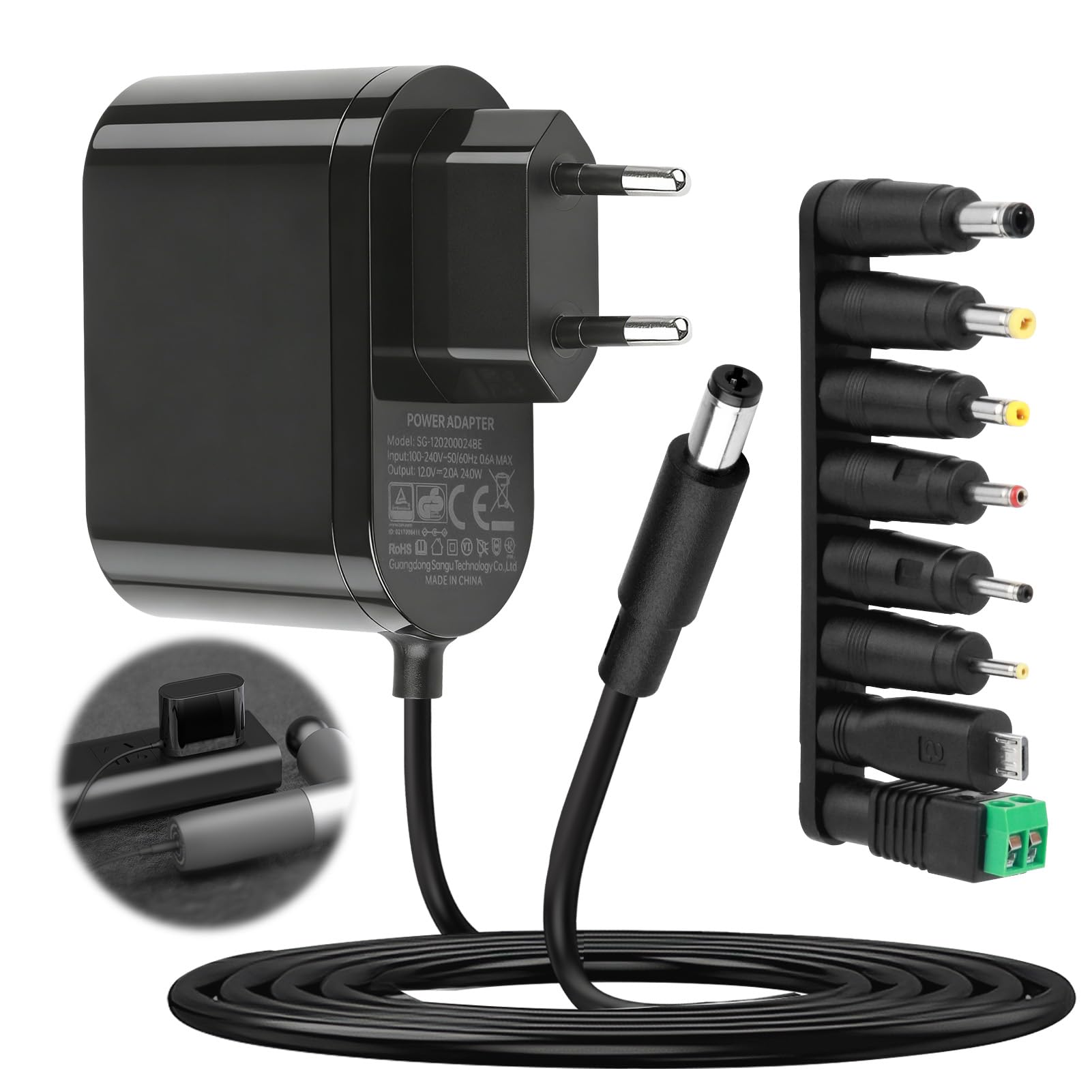 12V 2A Fuente de Alimentación, 24W 12V 2A Universal Adaptador 100-240V 5.5 × 2.1mm Transformador 1.5M Cable con 8 Adaptadores de Enchufe de 1000mA 1500mA 2000mA para LED Router Cámaras de Seguridad