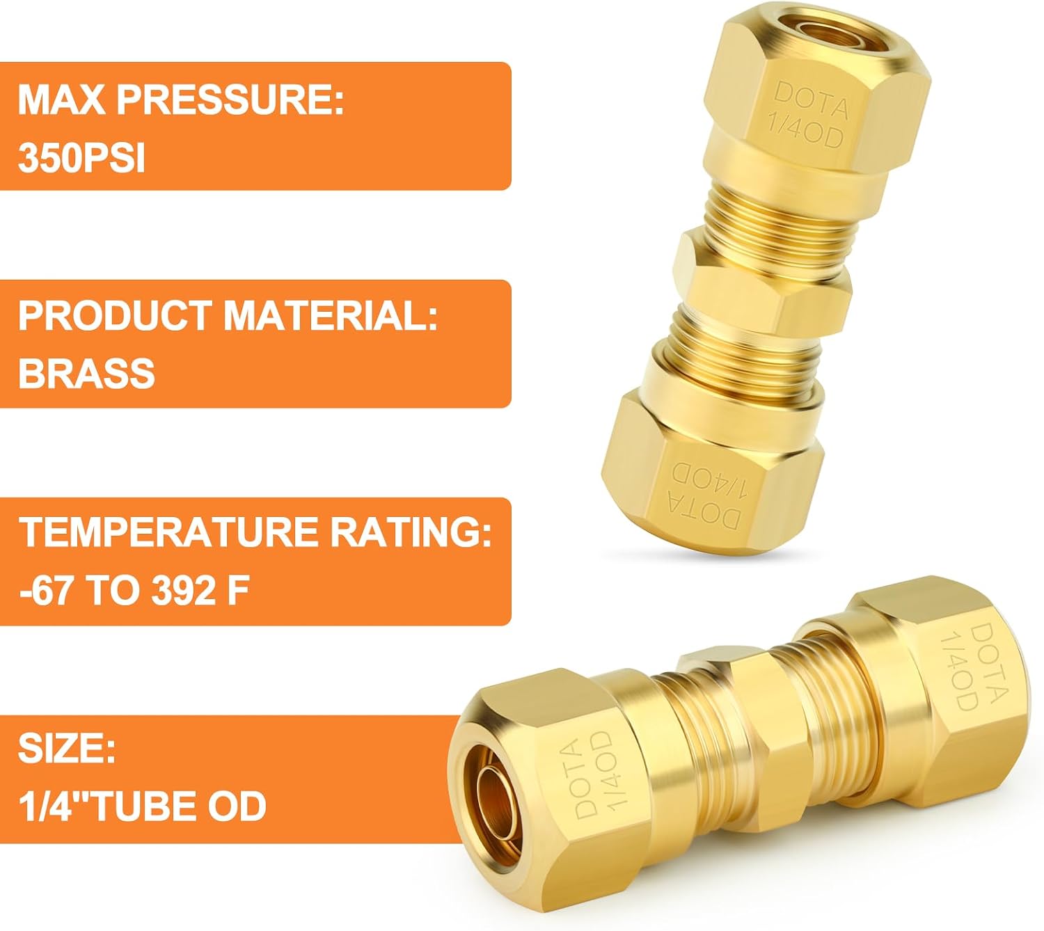 GASHER 5PCS Brass 1/4" OD x 1/4" OD DOT Brass Compression Air Brake Nylon Tubing Fittings,Straight Union Fitting for Nylon Hose