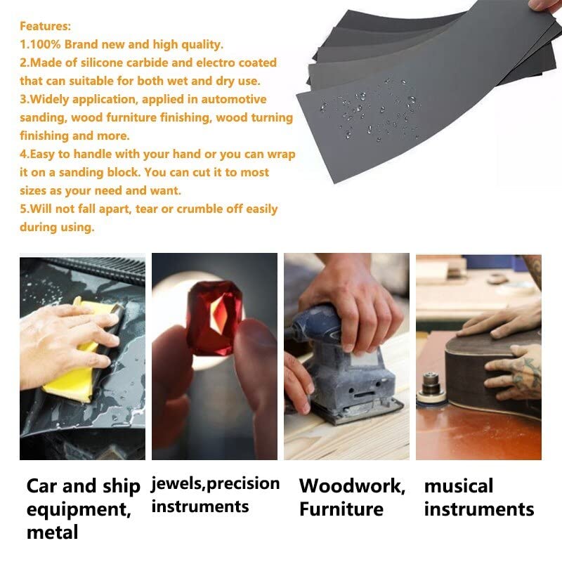 90Pcs Wet and Dry Sandpaper Set - 400-3000 Grit Abrasive Paper for Wood, Metal, and Crafts - 9x3.6 Inch Silicon Carbide Sanding Sheets