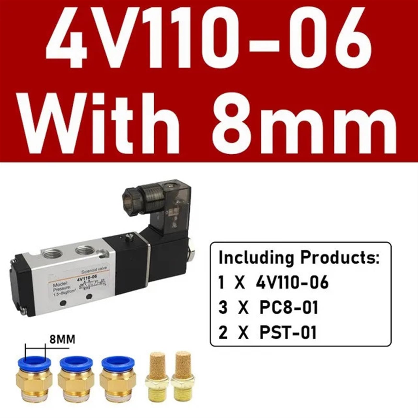 4V110-06 Luft, 2-Positionen, 5-Wege-Magnetventil, elektronisch, pneumatisch, mit pneumatischem Anschluss, Magnetventil, DC 12 V, DC 24 V, AC 220 V, AC 110 V, AC 36 V (mit 8 mm Armaturen, AC 220 V)
