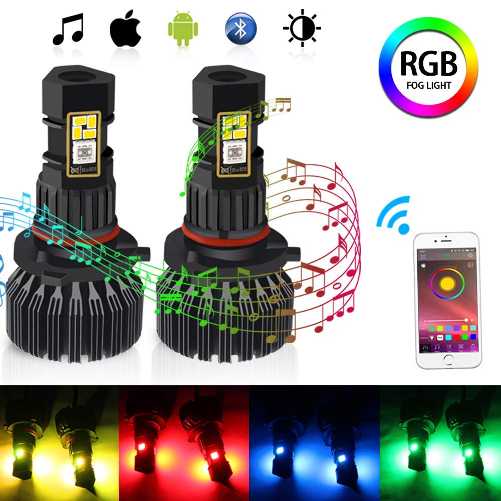 HNNUYViesyled 9005 9006 RGB LED Color Changing Fog Light Bulb HB3 HB4 Led Bulb Upgrade Multicolor APP Bluetooth Led Light Super Bright 1800LM 3020 SMD Bulbs Driving DRL Fog Lights Replacement 2PCS