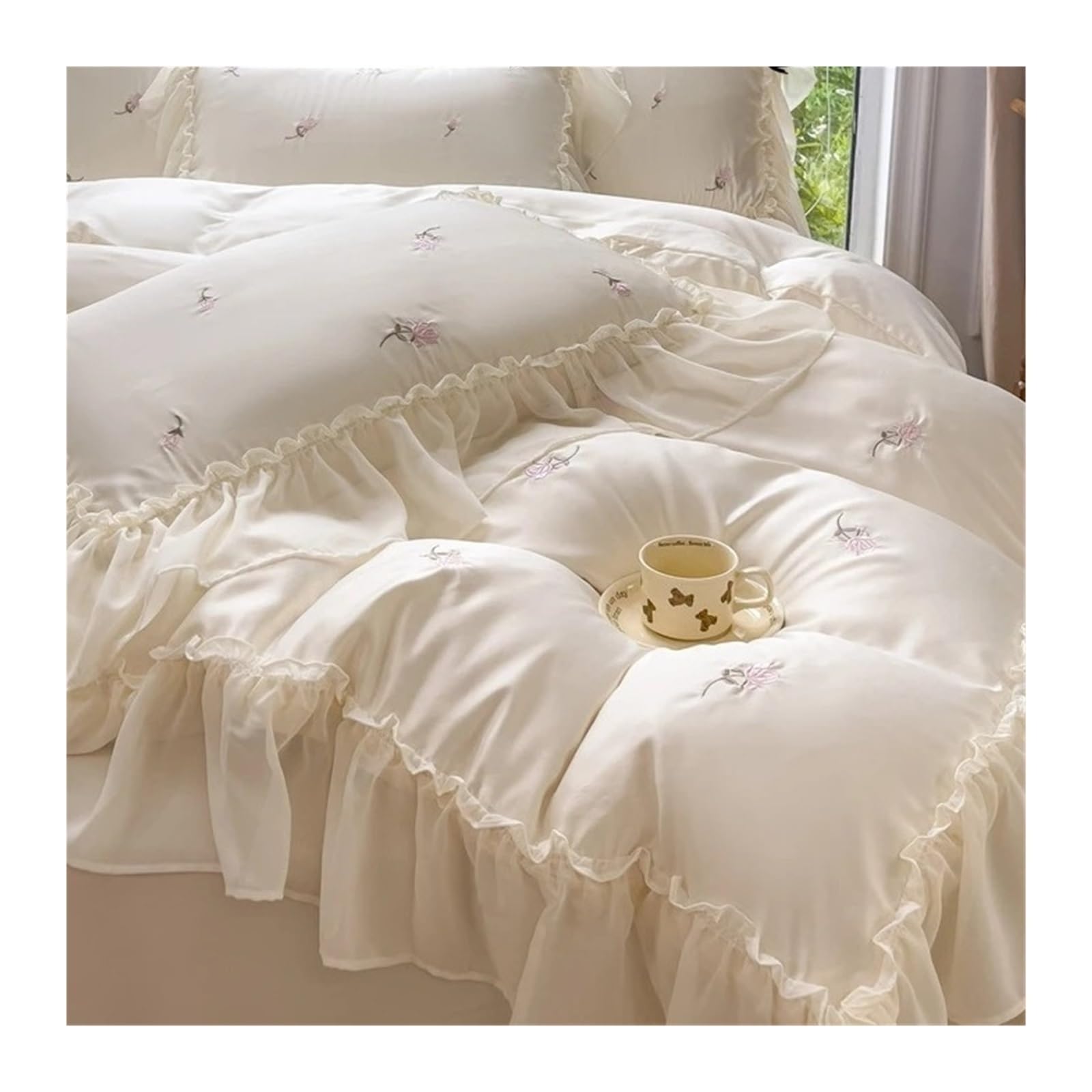 ZHSOAO 3pcs Elegant Rose Embroidery Bedding Set Lace Duvet Cover 1 2 Pillowcase for Bed(Beige,180x210cm)