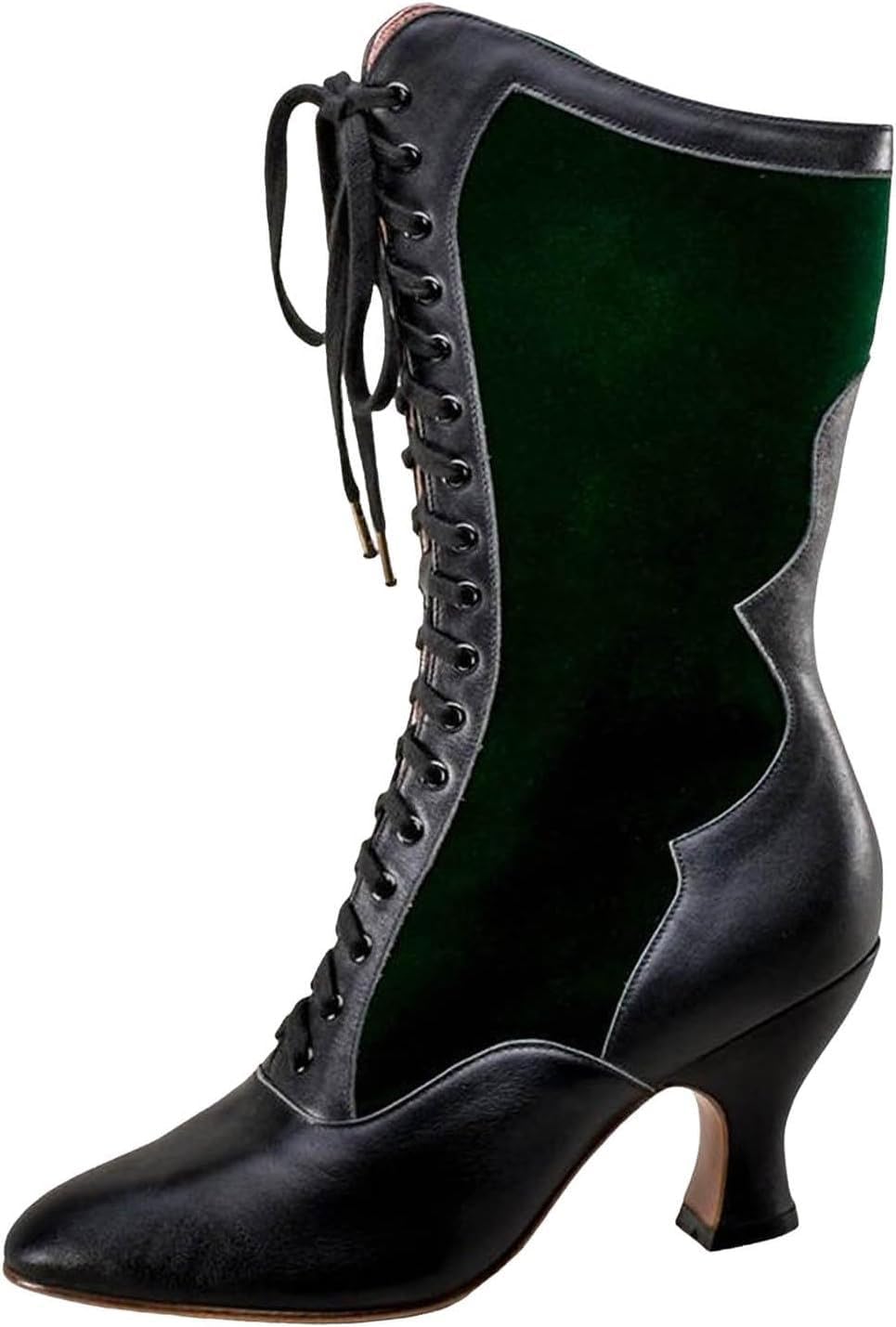 Women Winter Booties Victorian Lace Up Mid-Calf Goth Chunky Low Heel Boots Outdoor Knight Boot