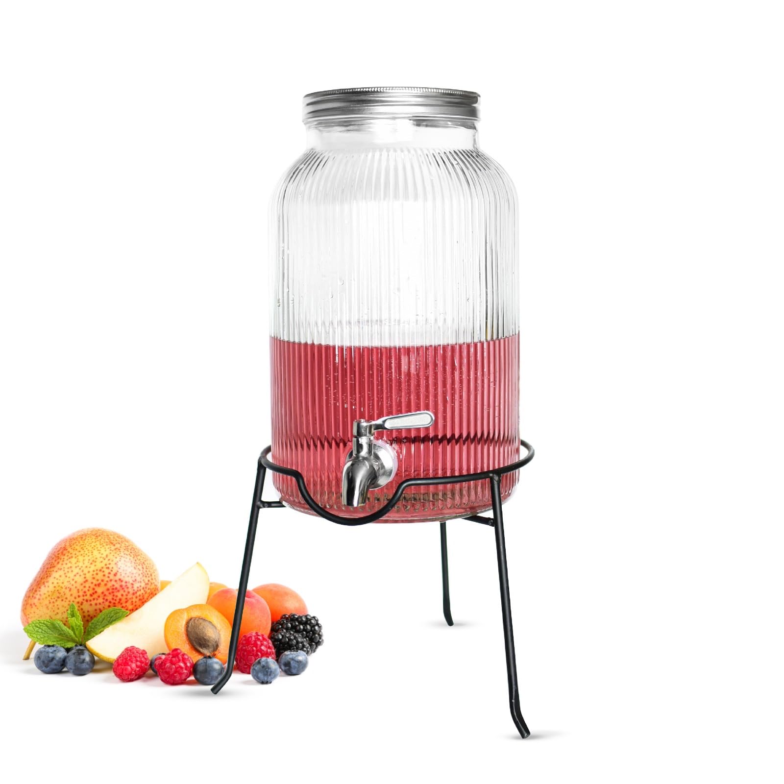 Sendez Dispenser di bevande in vetro da 5 l, con rubinetto in acciaio inox e supporto in metallo, design retrò, robusto ed elegante, perfetto per limonata, tè freddo e feste