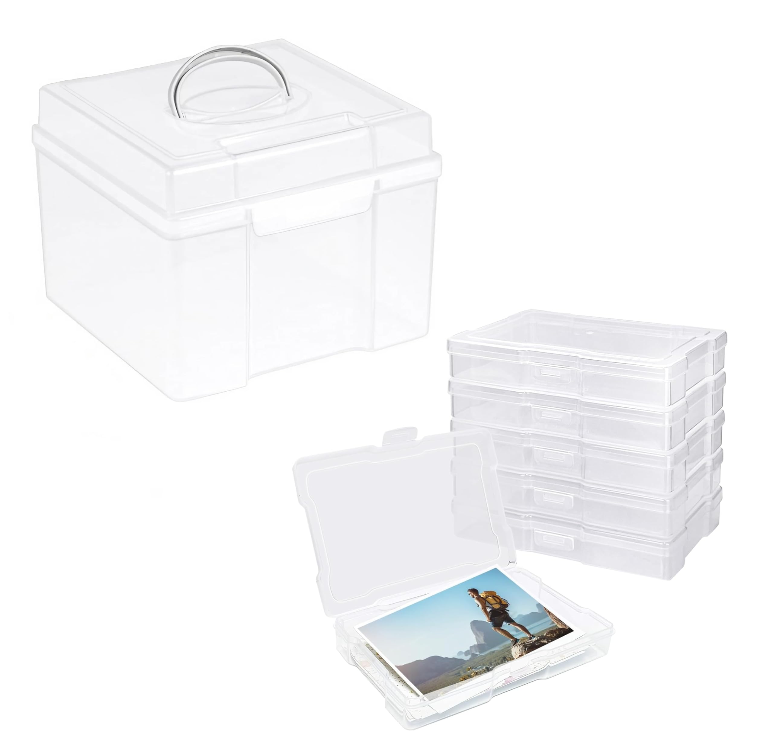 Scatola Porta Foto Box Plastica Con Coperchio, 21,5 X 18,5 X 14 Cm, Contiene 6 Piccole Scatole Trasparenti Con Coperchio, PP per Foto, Cartoline, Carta, Seme, Adesivo