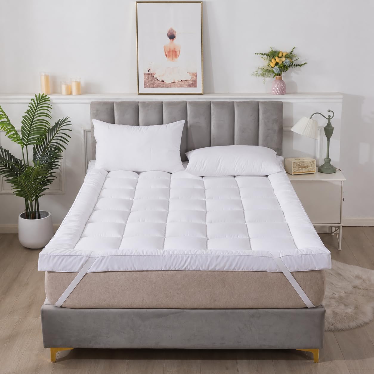 Elitlux White 10Cm Hotel Quality Quilted Microfiber Mattress Topper Kingsize Bed – Luxury Comfort, Hypoallergenic, Breathable & Extra Deep Fitted Mattress Topper With Easy Fit Straps (150X200cm)