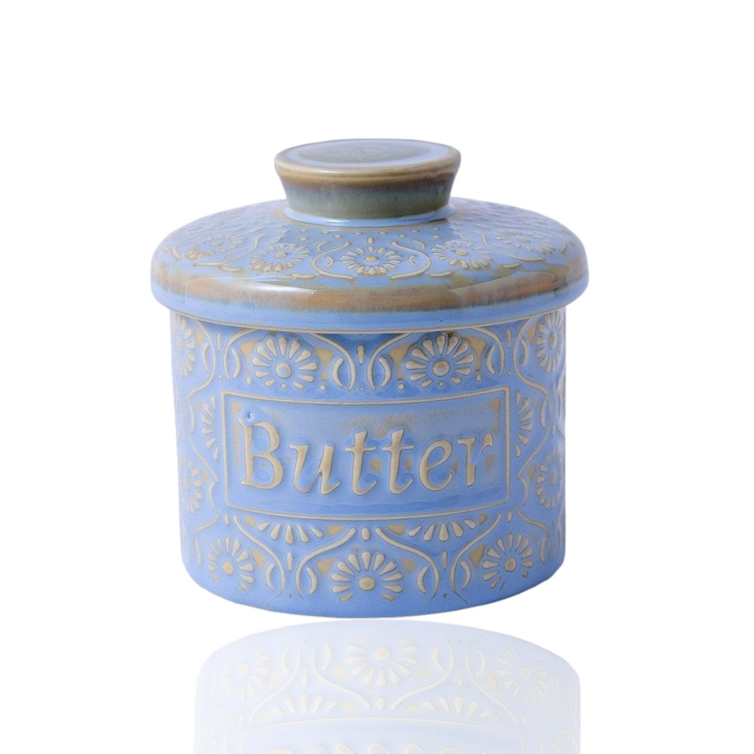 HIKENRI French Butter Dish with Lid,Ceramic Butter Dish,Decorative Circular Butter Container for Your Counter,for Salad Dressing,Jam,Nuts(Blue/4.5*4.5IN)