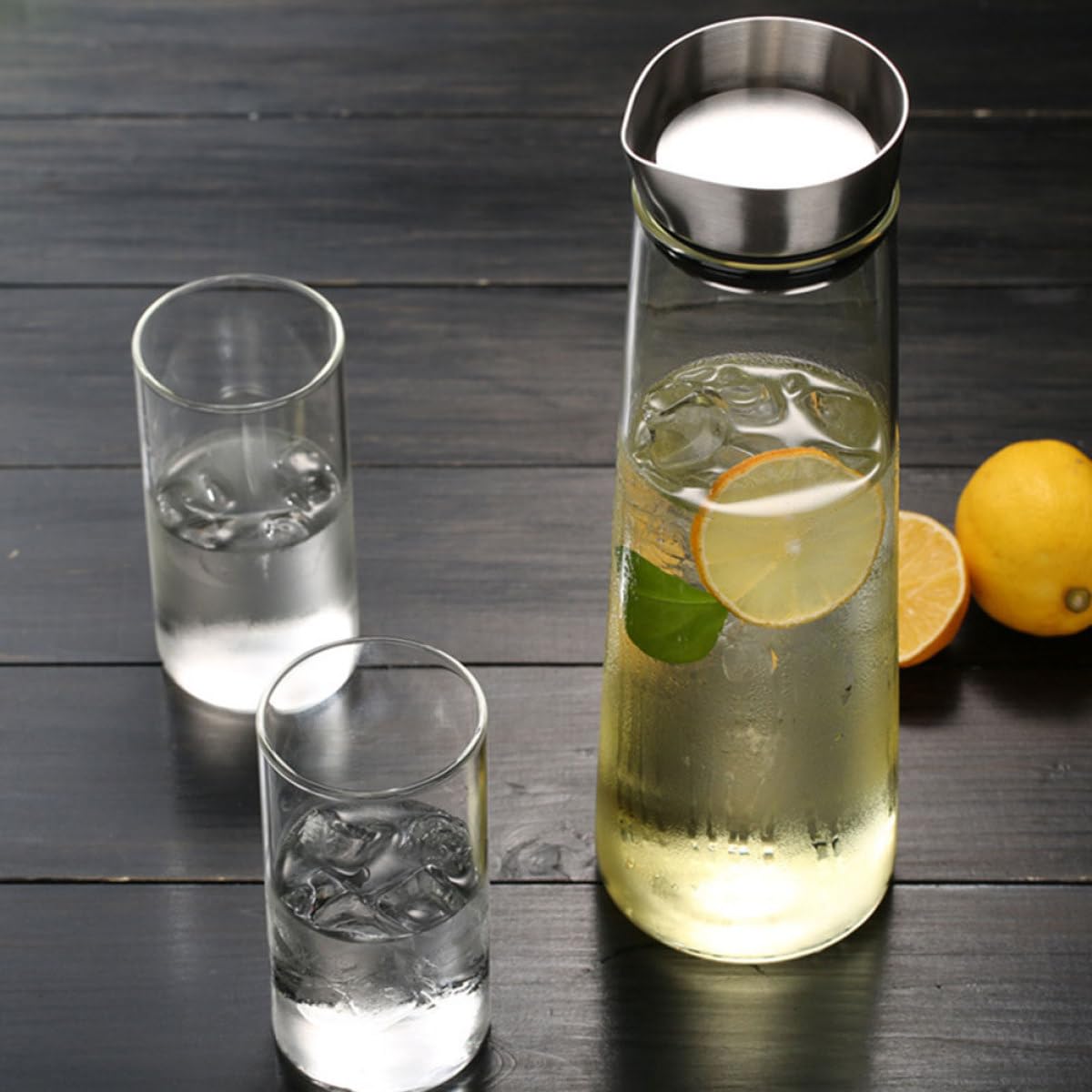 Jarra de Agua Fría de Vidrio de Borosilicato 1L Tapa de Acero Inoxidable Diseño Antidesbordamiento Recipiente Transparente para Bebidas en Casa y Oficina