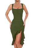 BORIFLORS Women's Sexy Ruched Bodycon Midi Dresses Square Neck Sleeveless Ruffle Hem Club Party Tank Dress