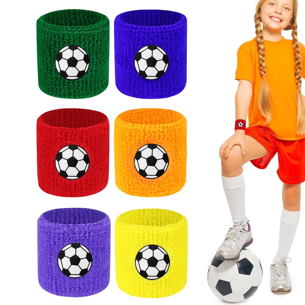Sports Wristbands for Kids,6 Pieces Colorful Wrist Sweatbands Terry Cloth Wrist Bands with Soccer Design Children Sweat Bands Athletic Wristbands for Outdoor Sports Birthday Party Favors