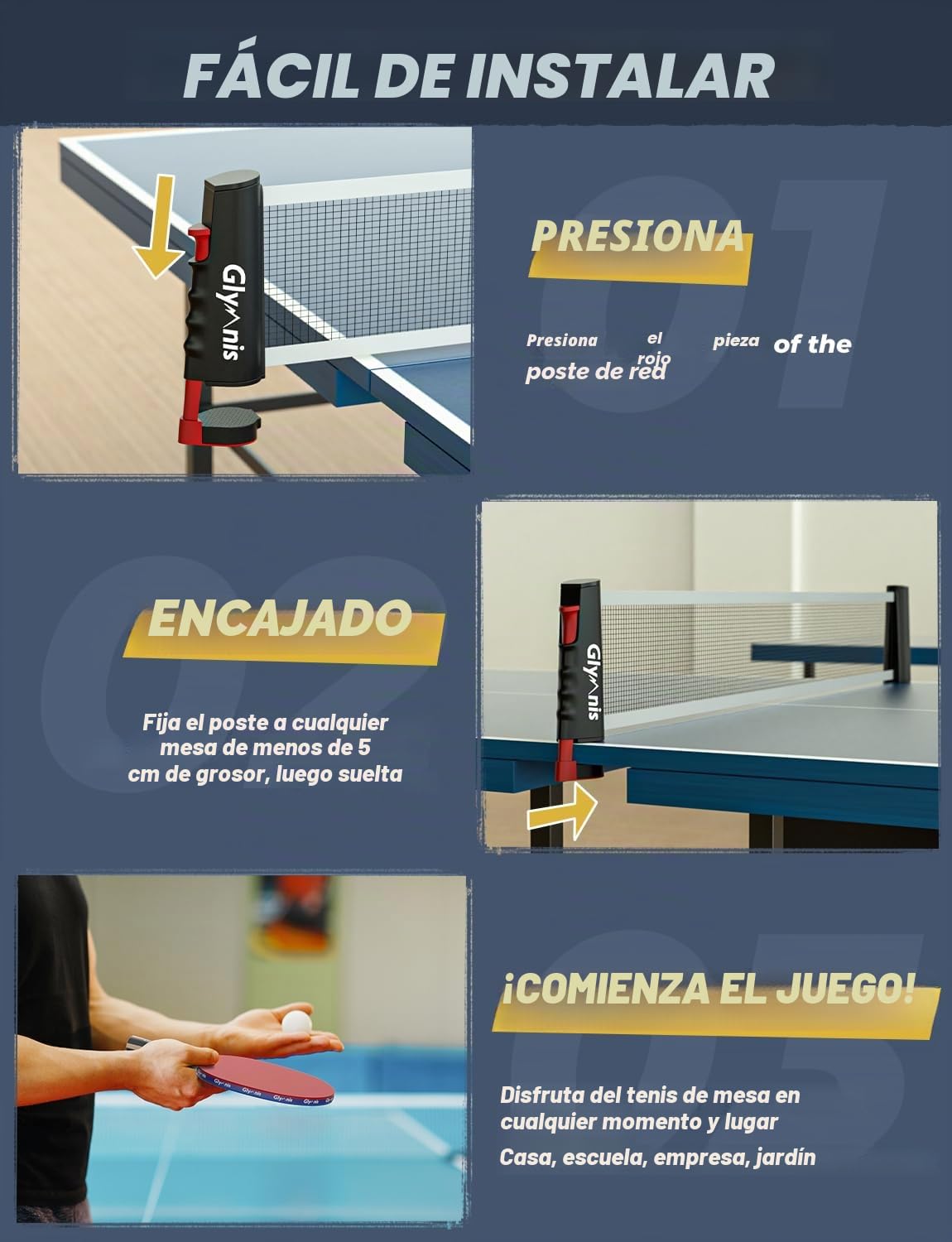 Glymnis Juego de Tenis de Mesa portátil con Red retráctil, Bates y Pelotas de Ping Pong de 3 Estrellas, Bolsa de Almacenamiento, Kit Todo en uno Premium