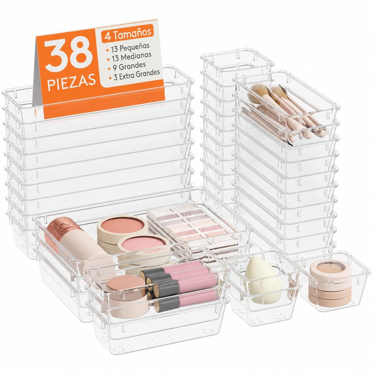 Lifewit Organizador de cajones de 38 piezas con 4 tamaños, organizador de plástico para tocador, cajones para maquillaje, joyas, organizador para escritorio, cocina, oficina, baño