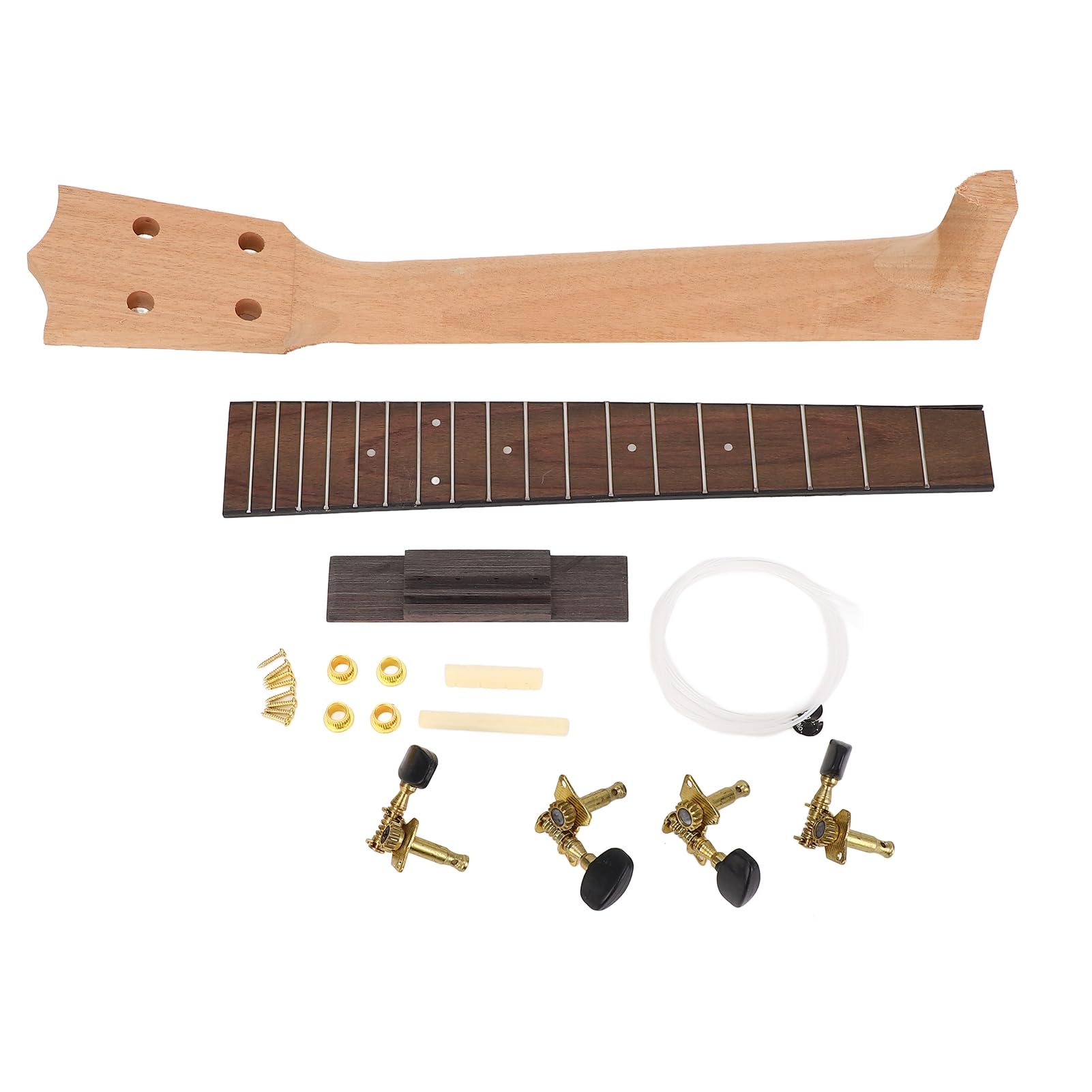 Kit de Manche de ukulélé, Touche en Palissandre, Kit D'assemblage de Manche de ukulélé Artisanal avec Bouton de Corde et Ensemble de Chevalet pour les Amateurs D'instruments de