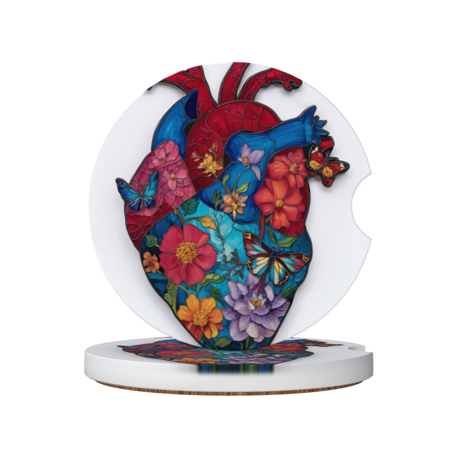 Stained Glass Heart Flowers Butterflies Ceramic Coasters,2pcs