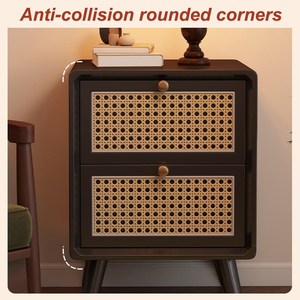 Comodino in rattan senza collisioni, design spazioso per camera da letto, color ciliegio, altezza 48 cm, in pelliccia di Slish & Functal
