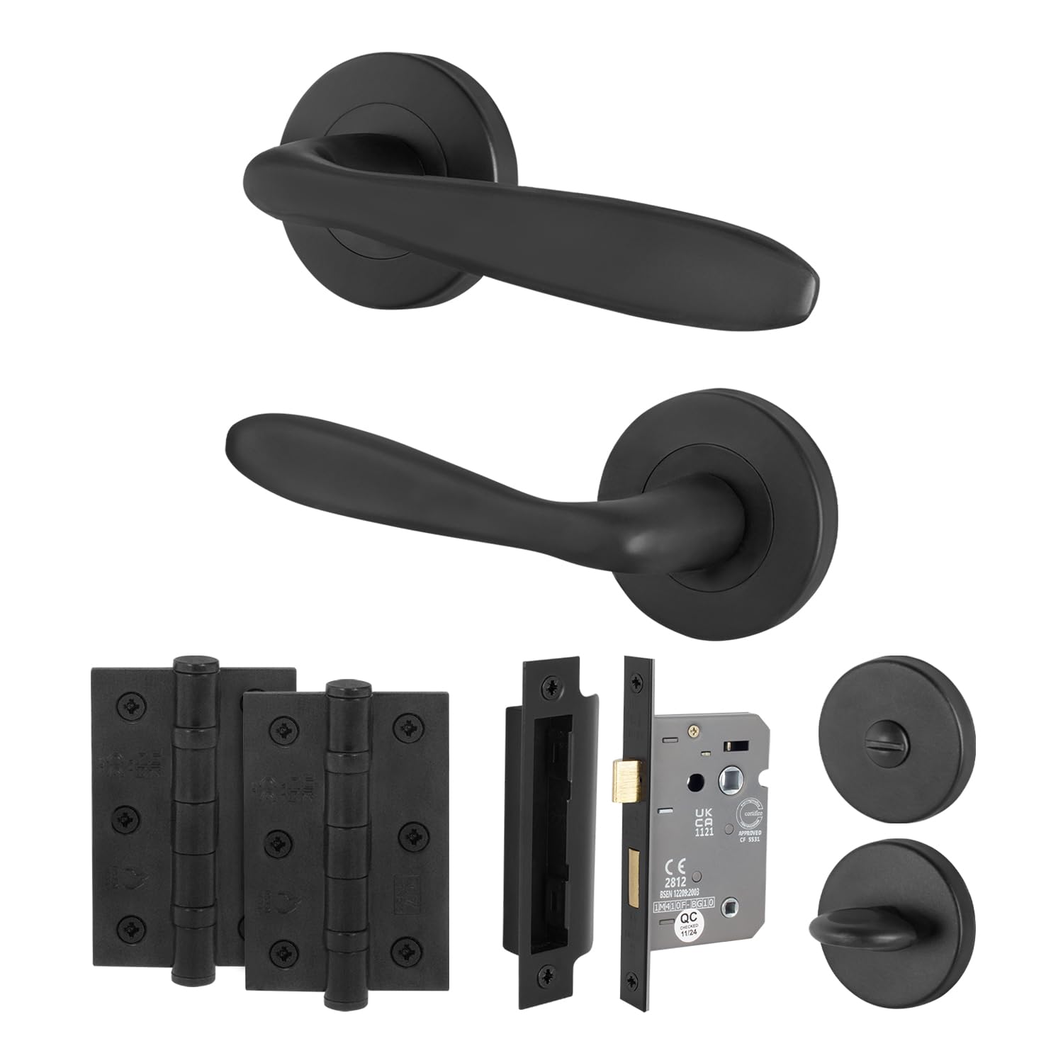 EAI Black Bathroom Door Handle Set, 1 Pair of Matt Black Internal Round Rose Door Handles, Lock 64mmn Hinges 76mm - Sarno Sarno Range — image 1