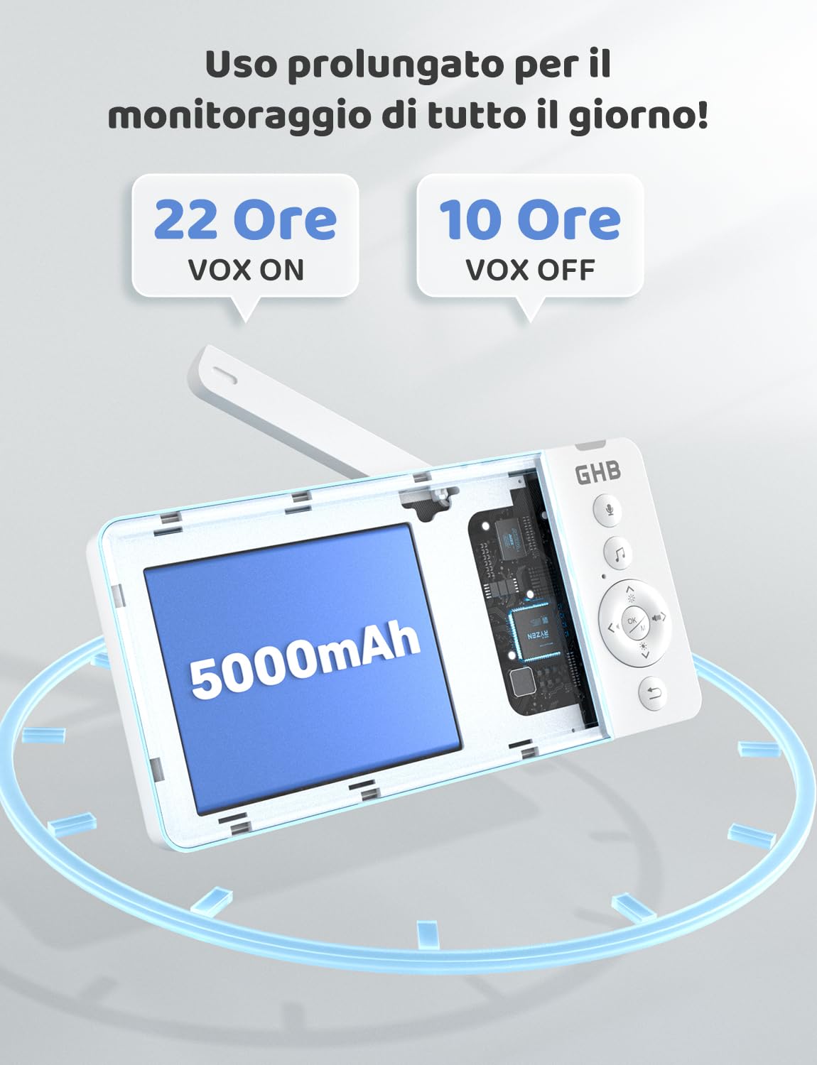 GHB Baby Monitor Video e Audio 5" 720P HD 5000mAh IPS Schermo, Telecamera Bambini con Monitor VOX Visione Notturna Rilevamento della Temperatura