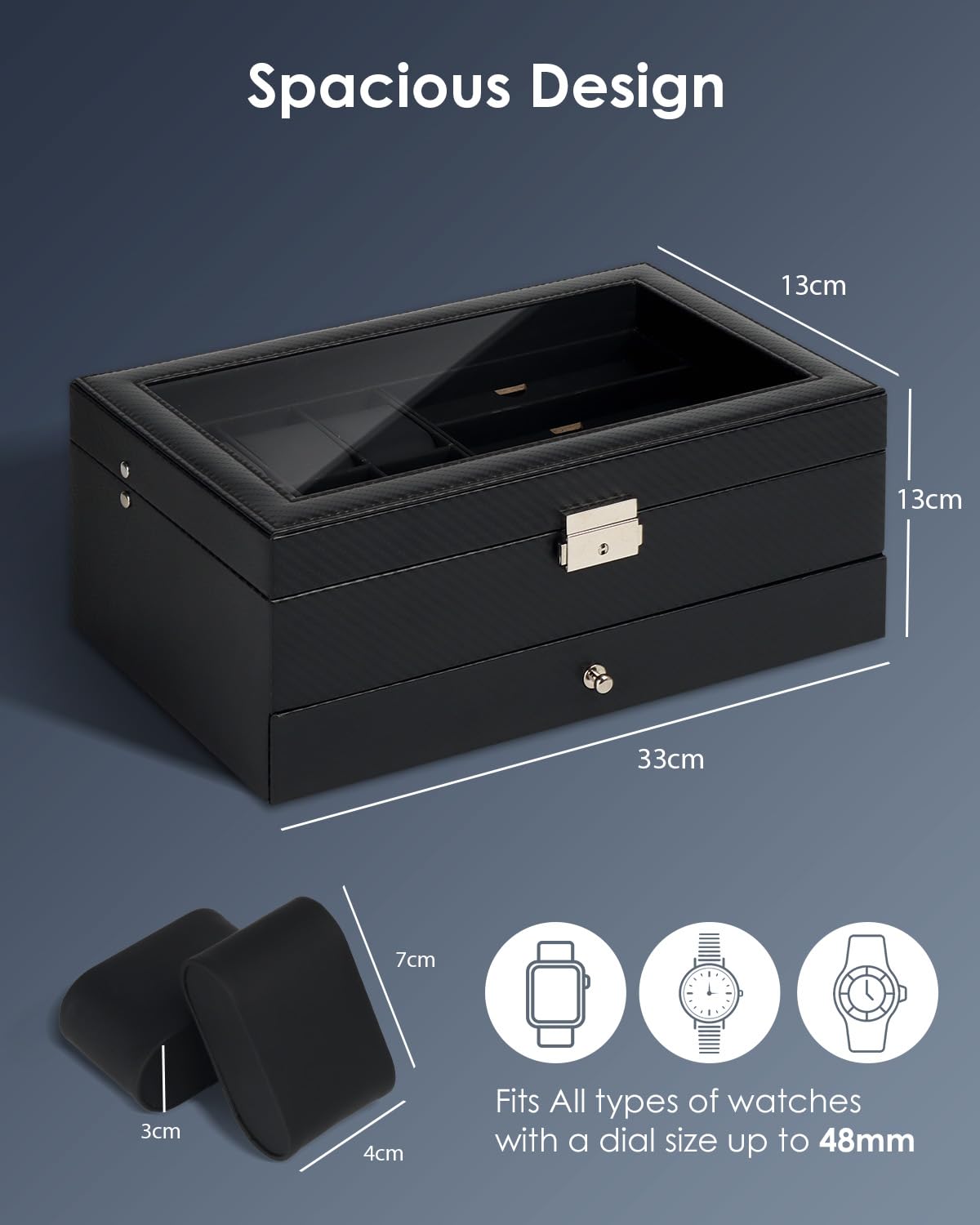 Kukikan Joyero organizador de relojes, caja de reloj y gafas de sol con tapa grande de cristal, 6 ranuras y 2 capas, joyero para hombre con cerradura, soporte para reloj, regalo para hombres y mujeres