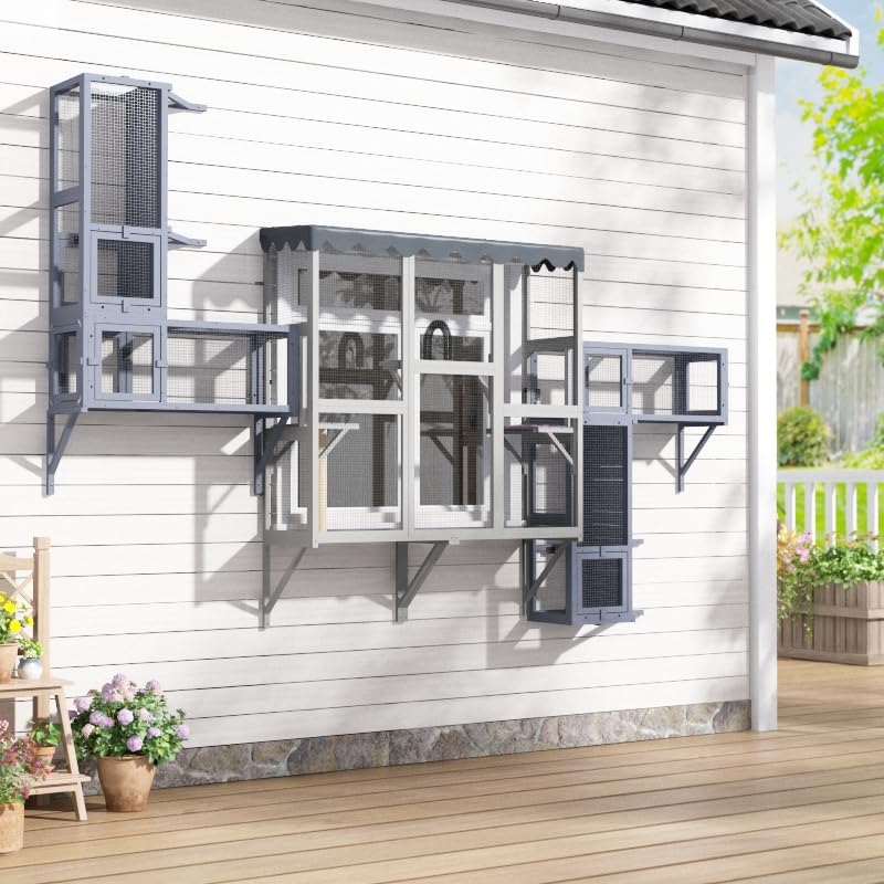 Large Window Cat Cage 70 Tall Deep Gray Wooden Cat Enclosure with Top PVC Rain Cover Sturdy Tripod Base Multi-Level Perches for Indoor Cats Outdoor Patio Catio