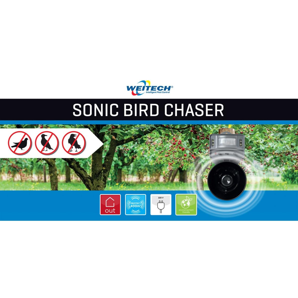 Ahuyentador Weitech Flash Pájaros Efectos sonoros