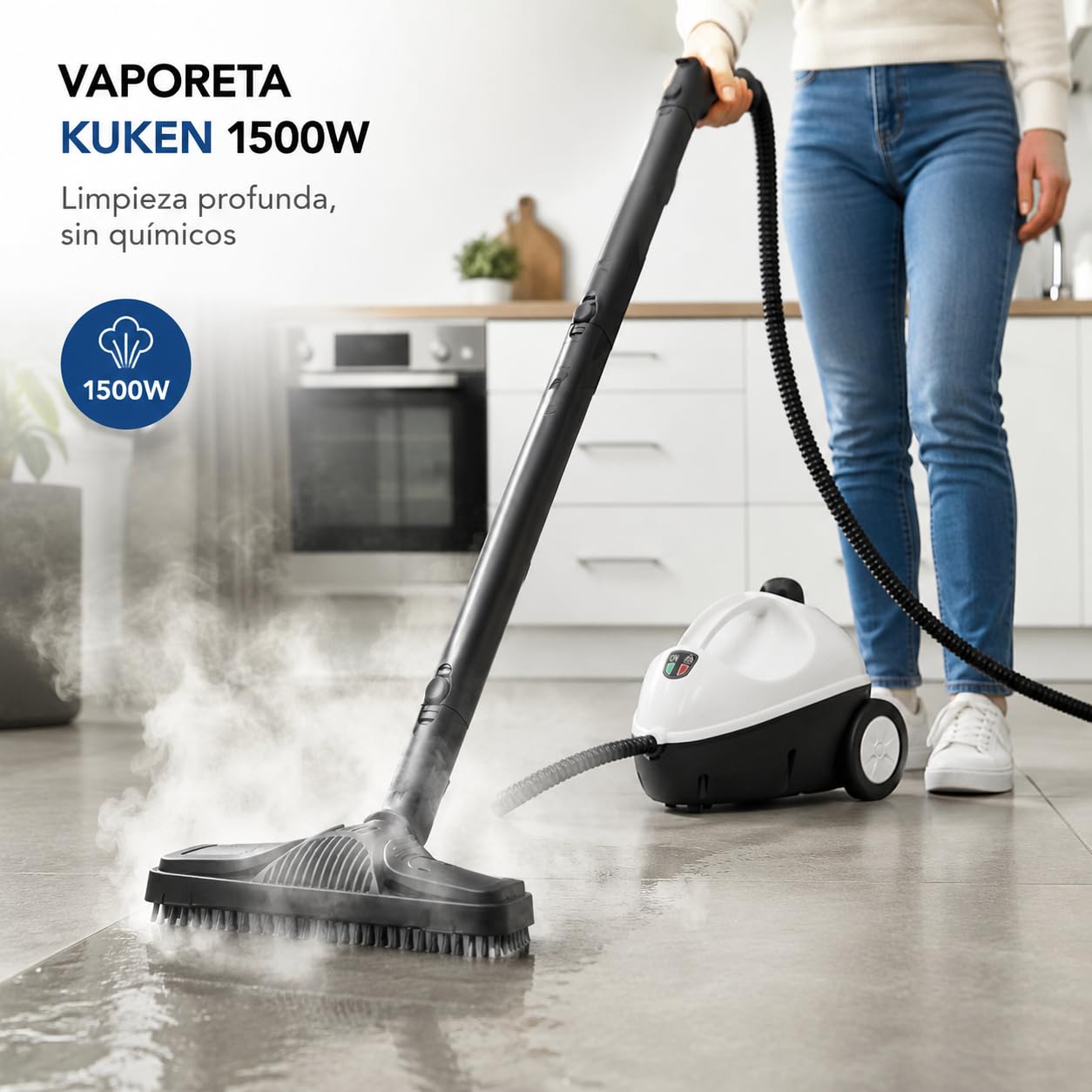 KUKEN Vaporeta Limpieza Hogar 1500W, Vaporeta De Mano Y Limpiador A Vapor Con 3,5 Bar, Depósito 1,2L, 20 Minutos De Vapor, 13 Accesorios, Cable 3 Metros, Limpia Y Desinfecta