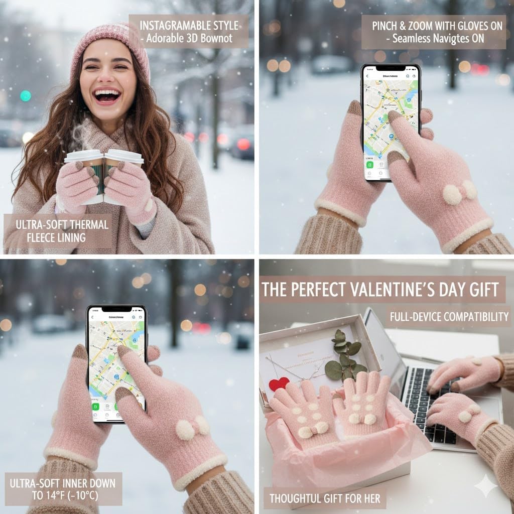 AALFA Touchscreen Cute Winter Gloves for Women - Soft Fuzzy Bowknot Thermal Fleece Lined Gloves - Warm Texting Mittens - Image 5