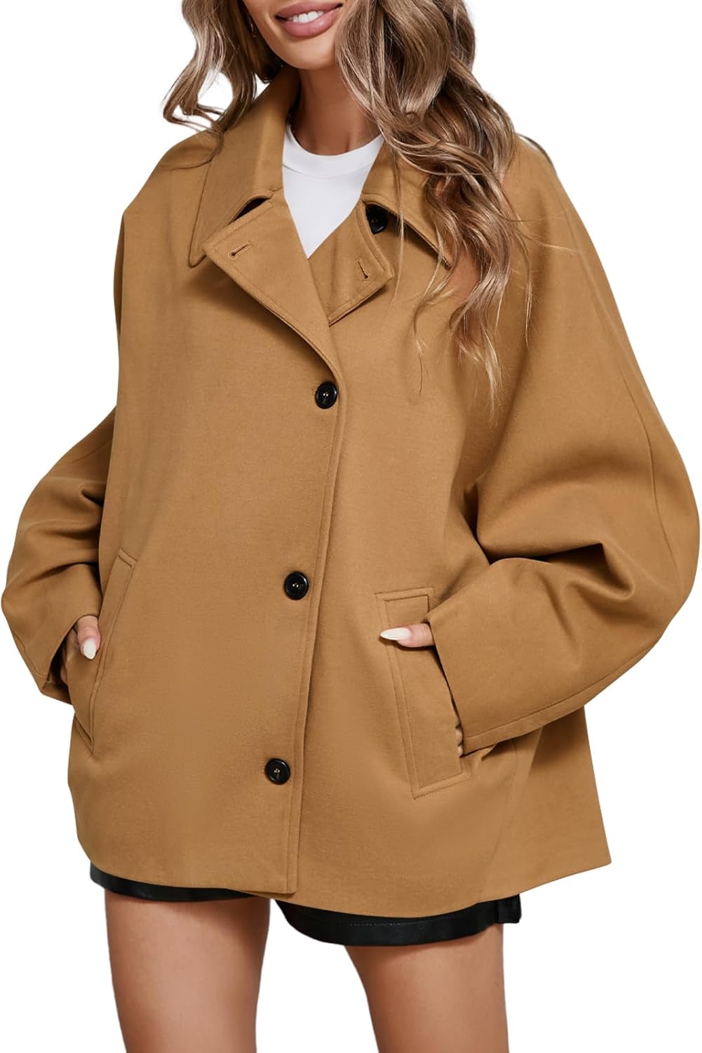Tankaneo Womens Pea Coats Classic Notch Lapel Single Breasted Oversized Fall Winter Jackets Outerwear - Image 3