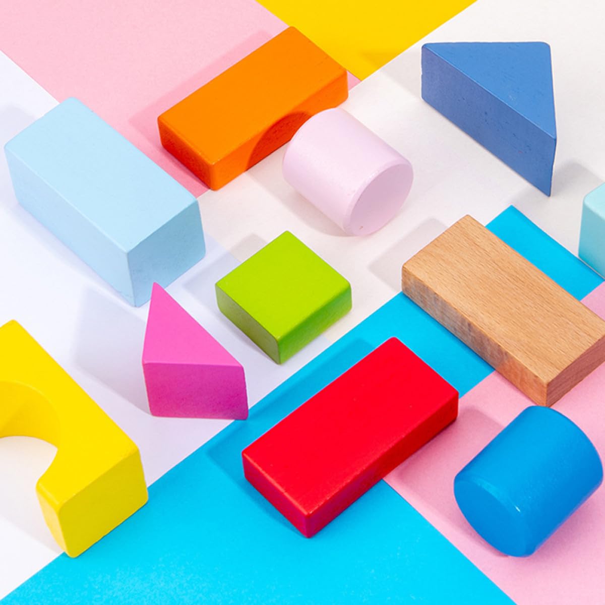 Toyvian Blocchi di Costruzione in Legno 100 Pezzi per Bambini Forme Geometriche, Superficie Levigata e Bordi Arrotondati, Giocattolo Educativo per Gioco e Apprendimento