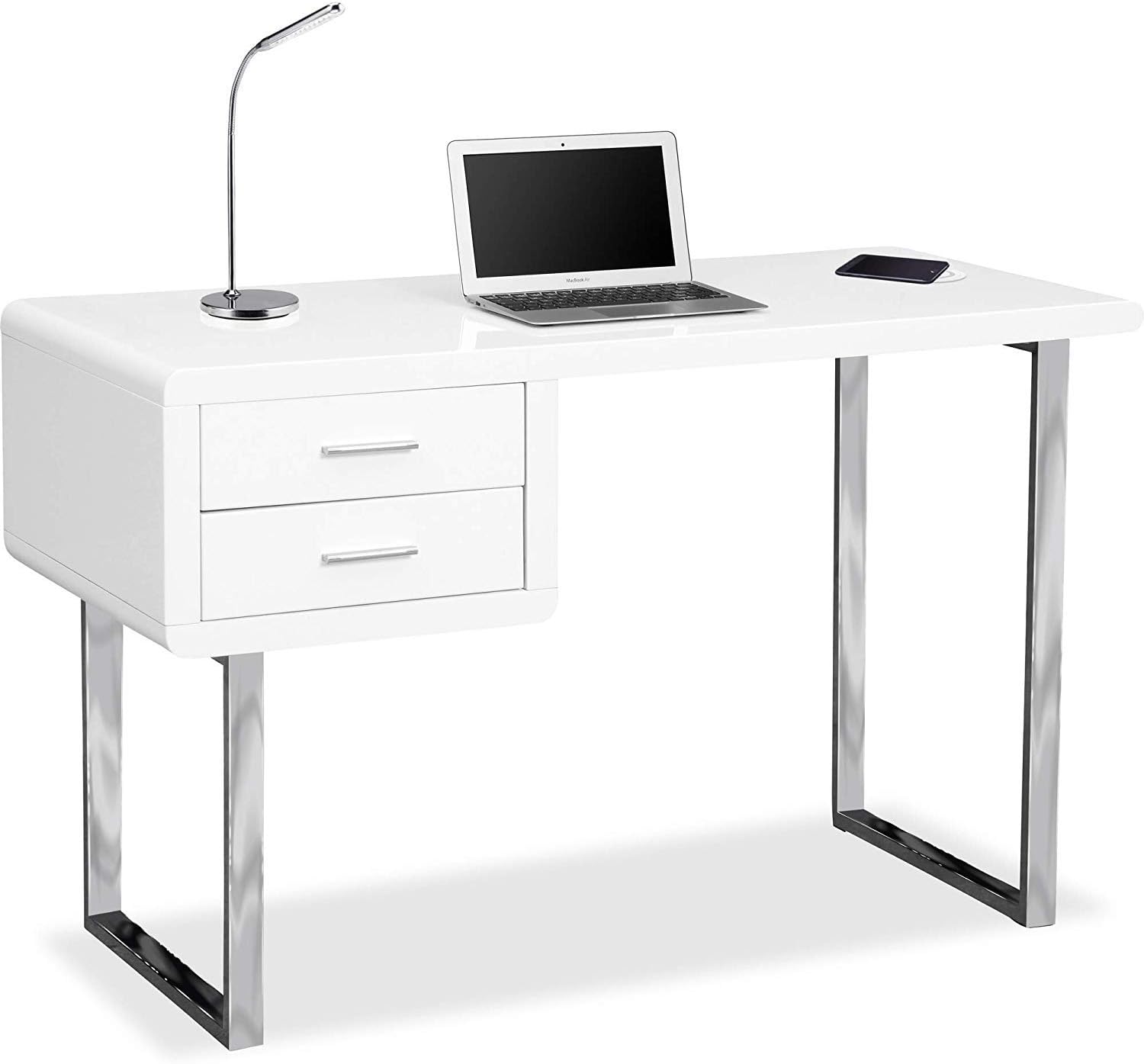 Centurion Supports Harmonia Gloss White with Chrome legs 2-Drawer Contemporary Home Office Computer Desk with Built-In Wireless Qi Charging