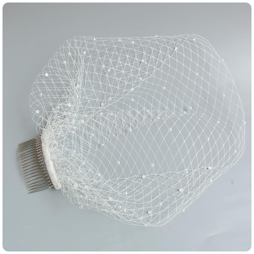 ROCKPOEM Voile de mariée Blanc, monocouche avec Perles, élégant Voile de Cage à Oiseaux, Design Rigide pour Mariages, Courte Cage Blanche pour Les mariées...