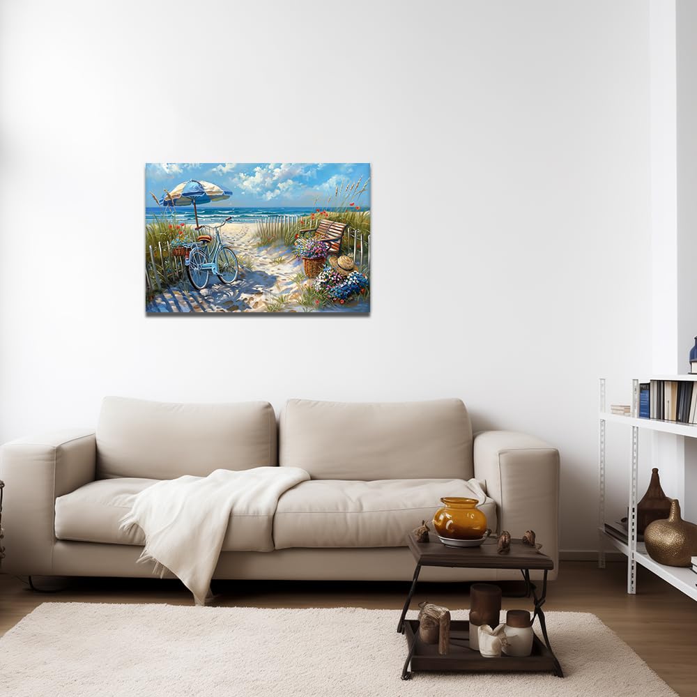 ZQQART Lienzo de playa para pared, diseño de bicicleta junto al mar con flores, cuadro de paisaje costero para decoración de baño (playa 3,16 cm x 61 cm)
