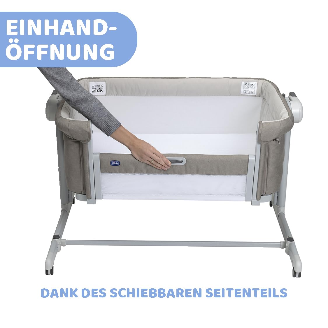 Chicco Next2Me Magic Evo Beistellbett für Babys mit Schaukelmodus, Kippfunktion, verstellbarer Höhe, 4 Rädern, inkl. Matratze und Reisetasche, Beige