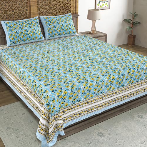 Image of BLOCKS OF INDIA Hand Block Printed 200 TC Cotton King Size Bedsheet (Blue GAD Buti)